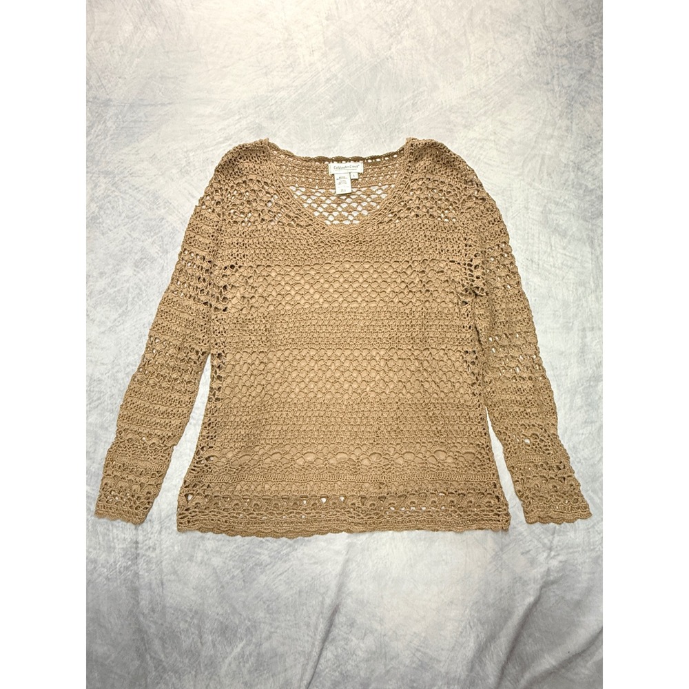 Coldwater Creek Tan Crochet open Knit Sweater Tank Top womens sz L boho beach